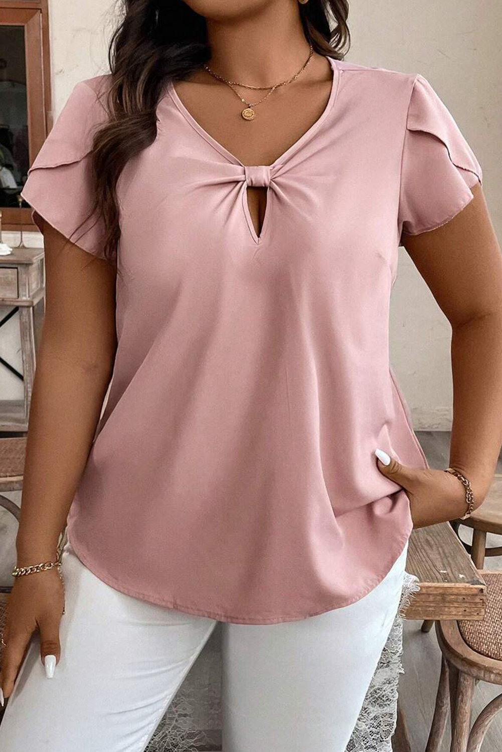 Pink Knotted Keyhole Front Petal Short Sleeve Plus Size Top