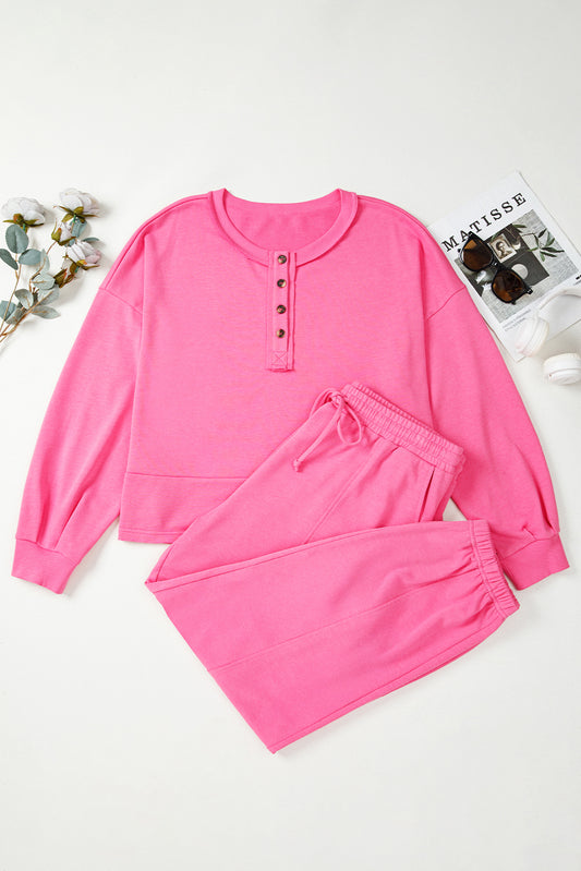Bright Pink Plus Size Henley Drop Shoulder Pullover and Jogger Pants Two Piece Set