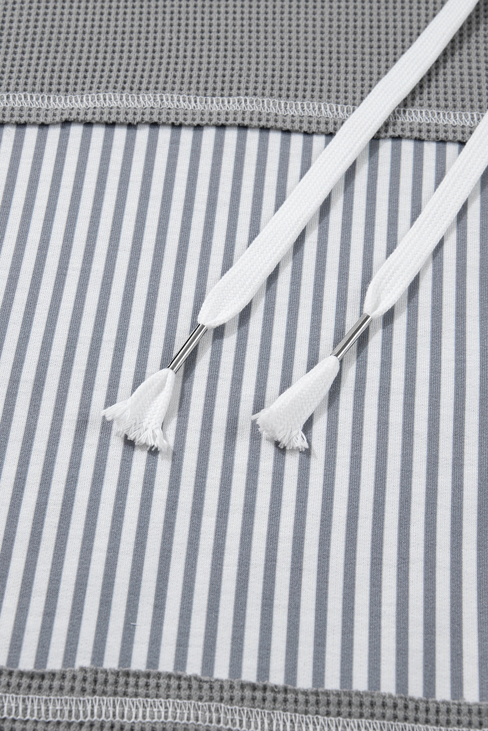 Gray Mixed Pattern Waffle Knit Patchwork Half Buttons Plus Hooded Top