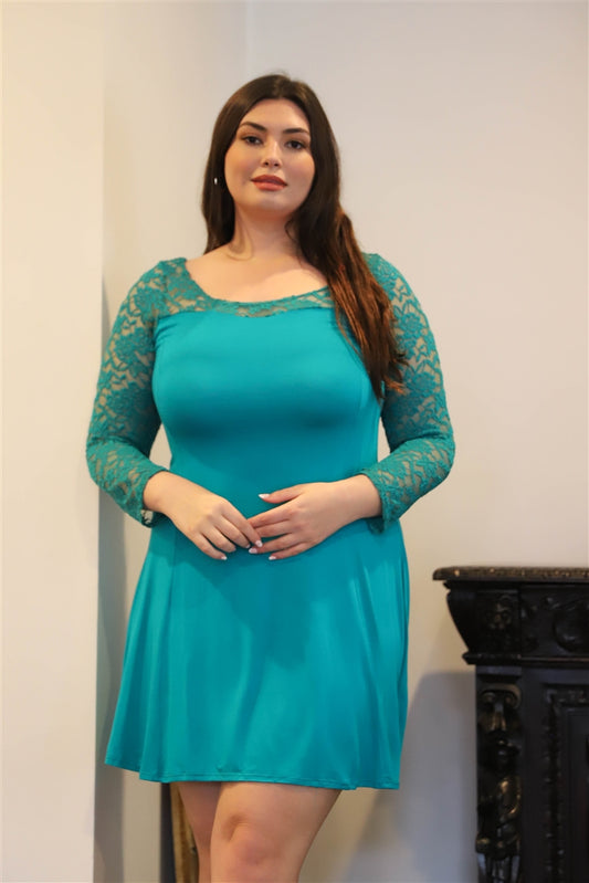 Plus Lace Detail Long Sleeve Mini Dress - Make'm Blush Boutique 