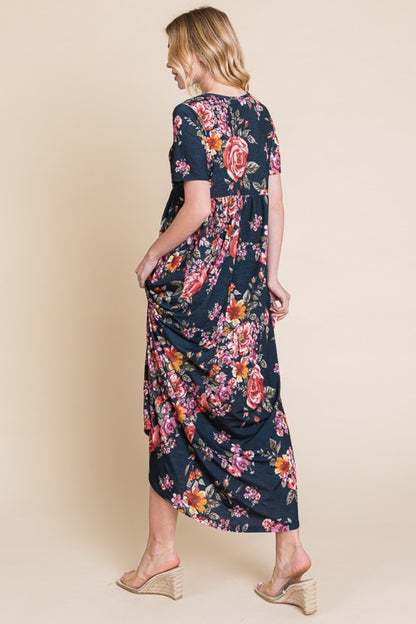 BOMBOM Floral Short Sleeve Maxi Dress