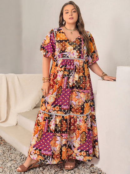 Plus Size Printed V-Neck Half Sleeve Maxi Dress