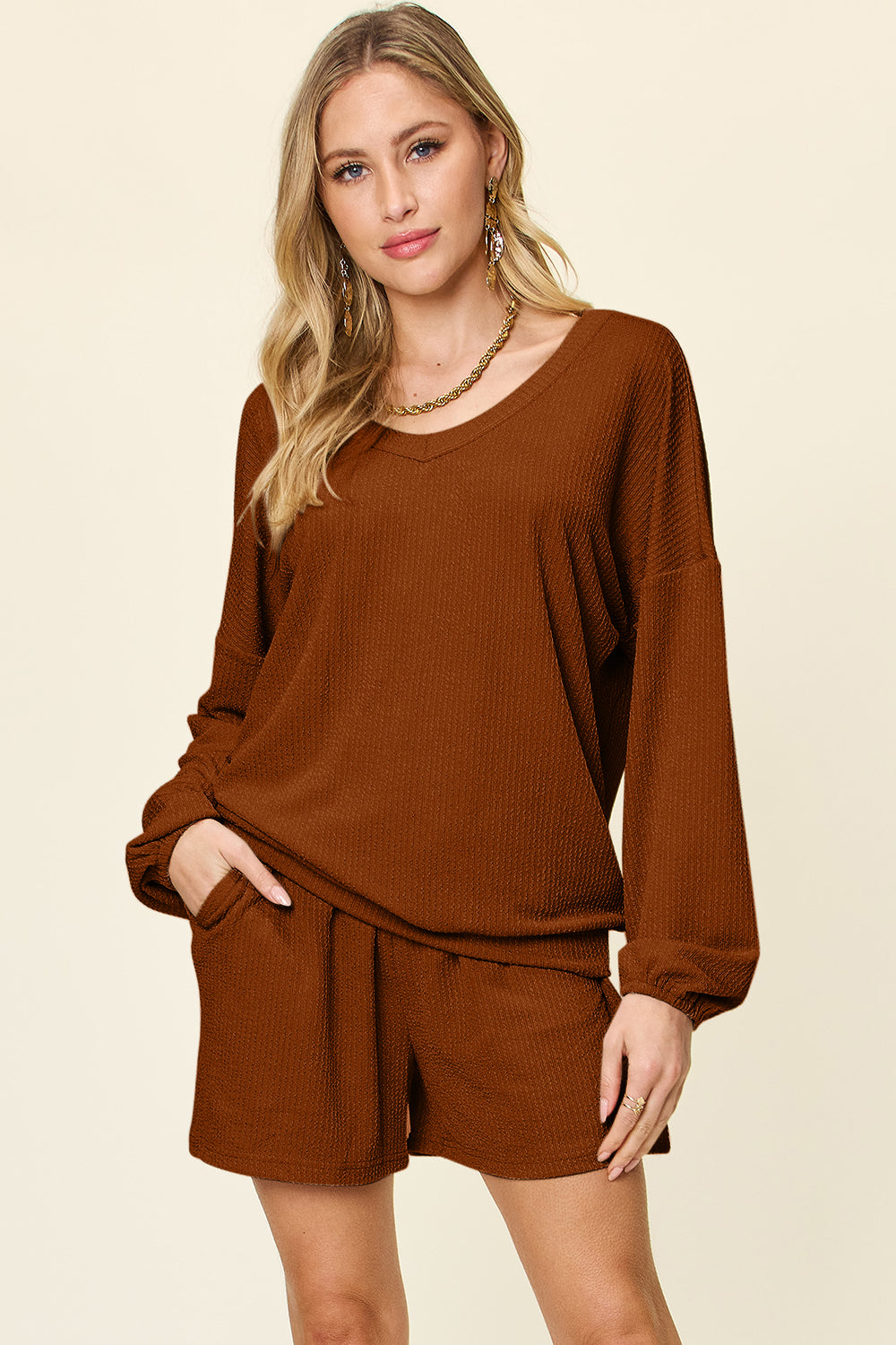 Double Take Full Size Texture V-Neck Long Sleeve T-Shirt and Shorts Set