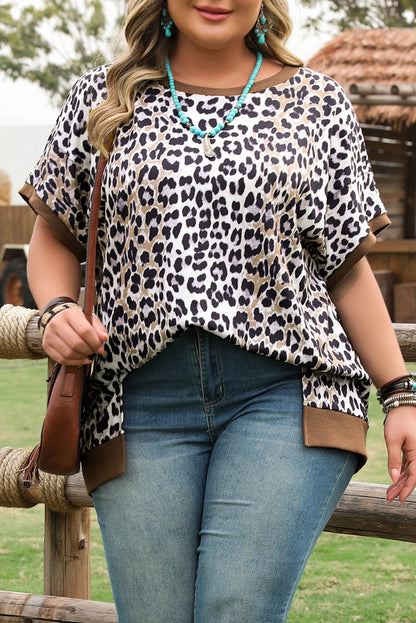 Khaki Leopard Contrast Trim Short Sleeve Loose Plus Size Top