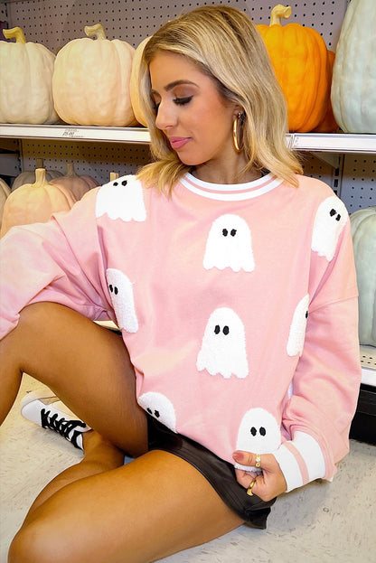 Gossamer Pink Halloween Terry Ghost Striped Trim Loose Sweatshirt