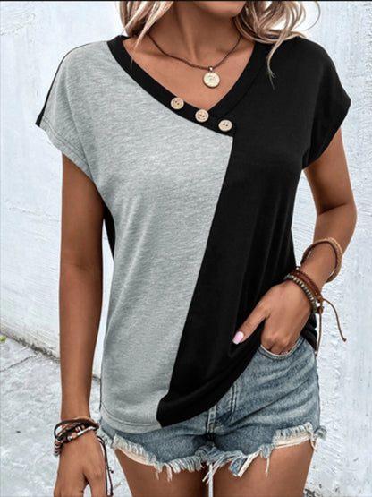 Contrast V-Neck Short Sleeve T-Shirt