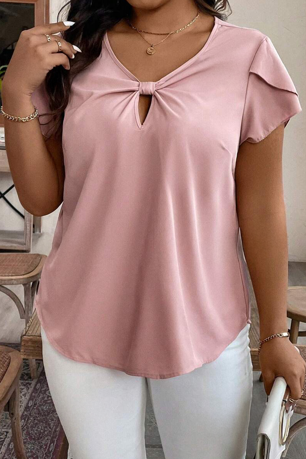 Pink Knotted Keyhole Front Petal Short Sleeve Plus Size Top