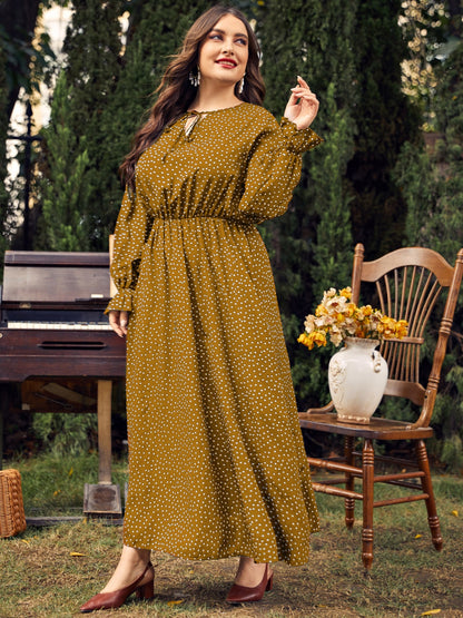 Plus Size Ruffled Polka Dot Long Sleeve Midi Dress