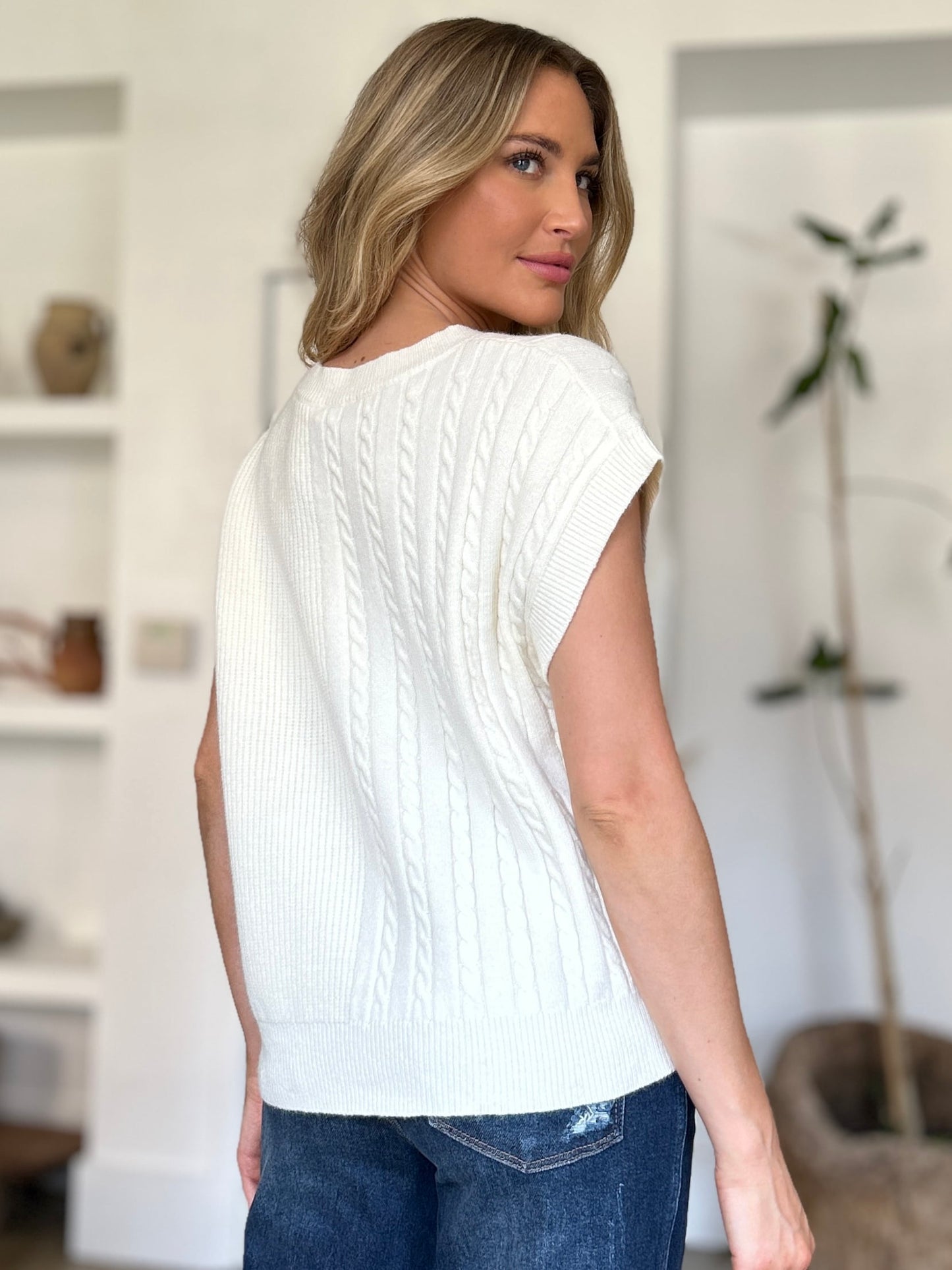 Double Take Full Size Cable-Knit Round Neck Short Sleeve Sweater