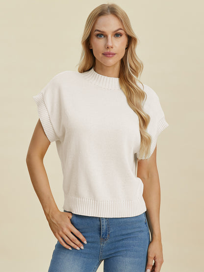 Double Take Full Size Mock Neck Short Sleeve Sweater