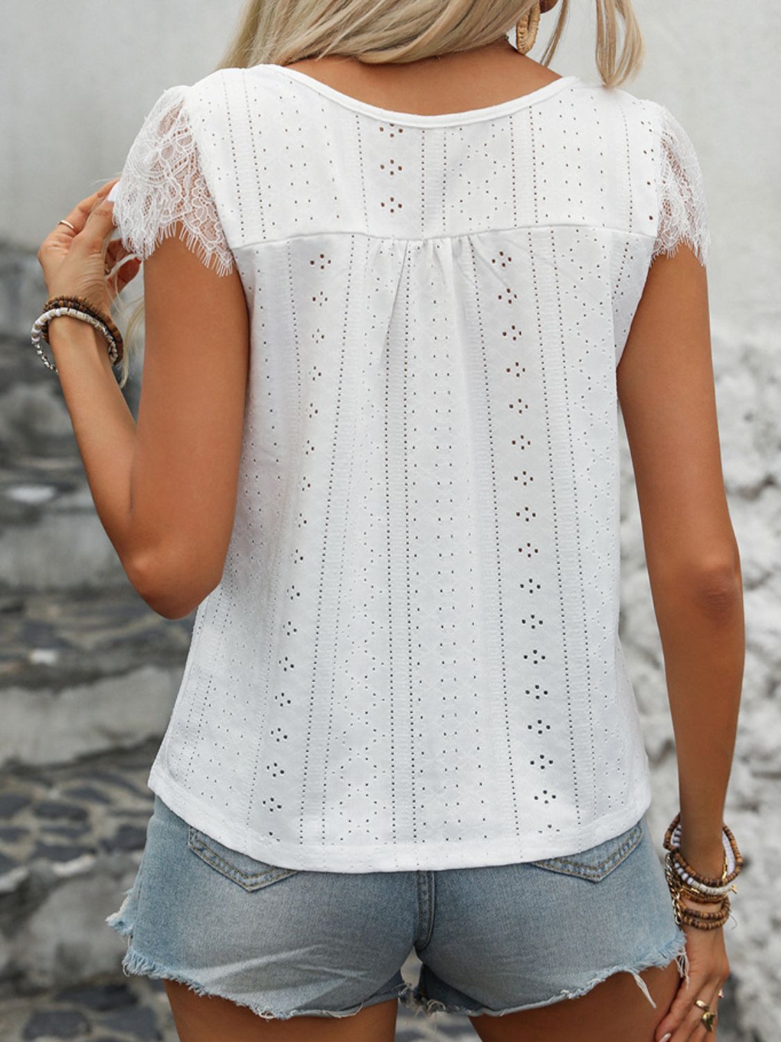 Eyelet Lace Detail V-Neck Cap Sleeve Top