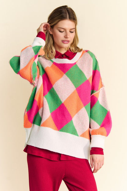 Davi & Dani Exposed Seam Color Block Dropped Shoulder Sweater