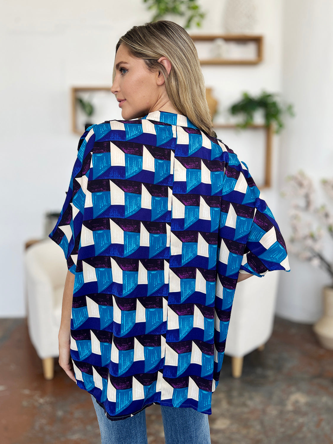 Double Take Full Size Geometric Notched Half Sleeve Blouse