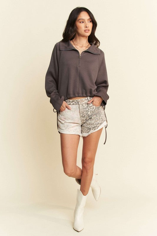 Davi & Dani Drawstring Hem Half Zip Raglan Sleeve Sweatshirt