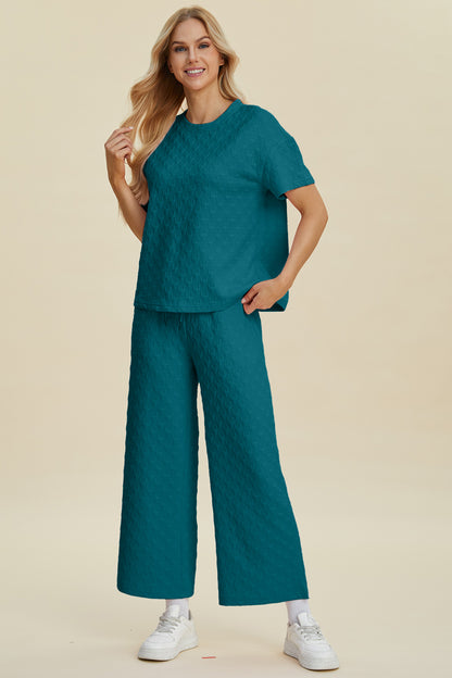 Double Take Full Size Texture Round Neck Short Sleeve Top and Pants Set