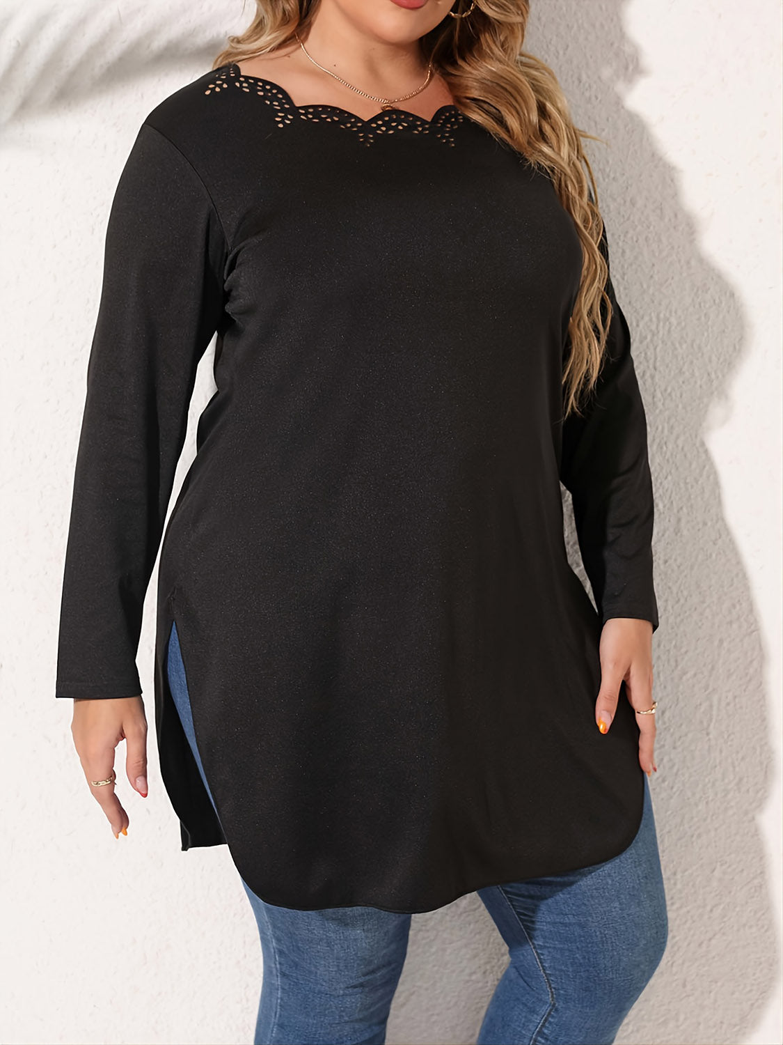 Plus Size Slit Long Sleeve T-Shirt