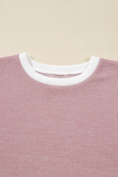 Light Pink Contrast Trim Knitted Drop Shoulder Plus Size Top