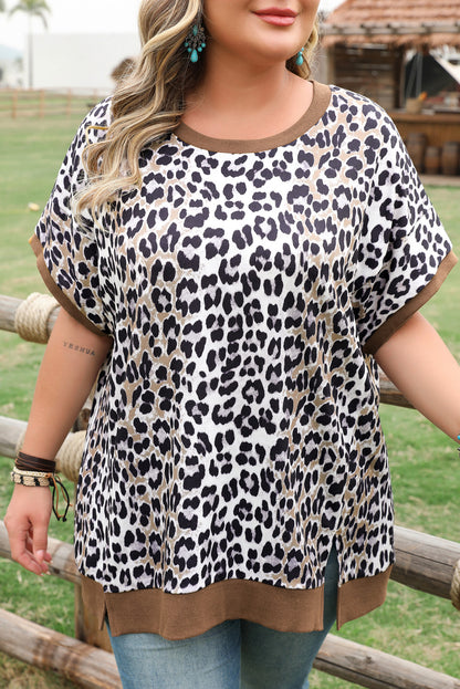 Khaki Leopard Contrast Trim Short Sleeve Loose Plus Size Top