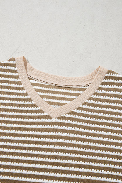 Khaki Stripe Textured Dolman Sleeve High Low Plus Size Top