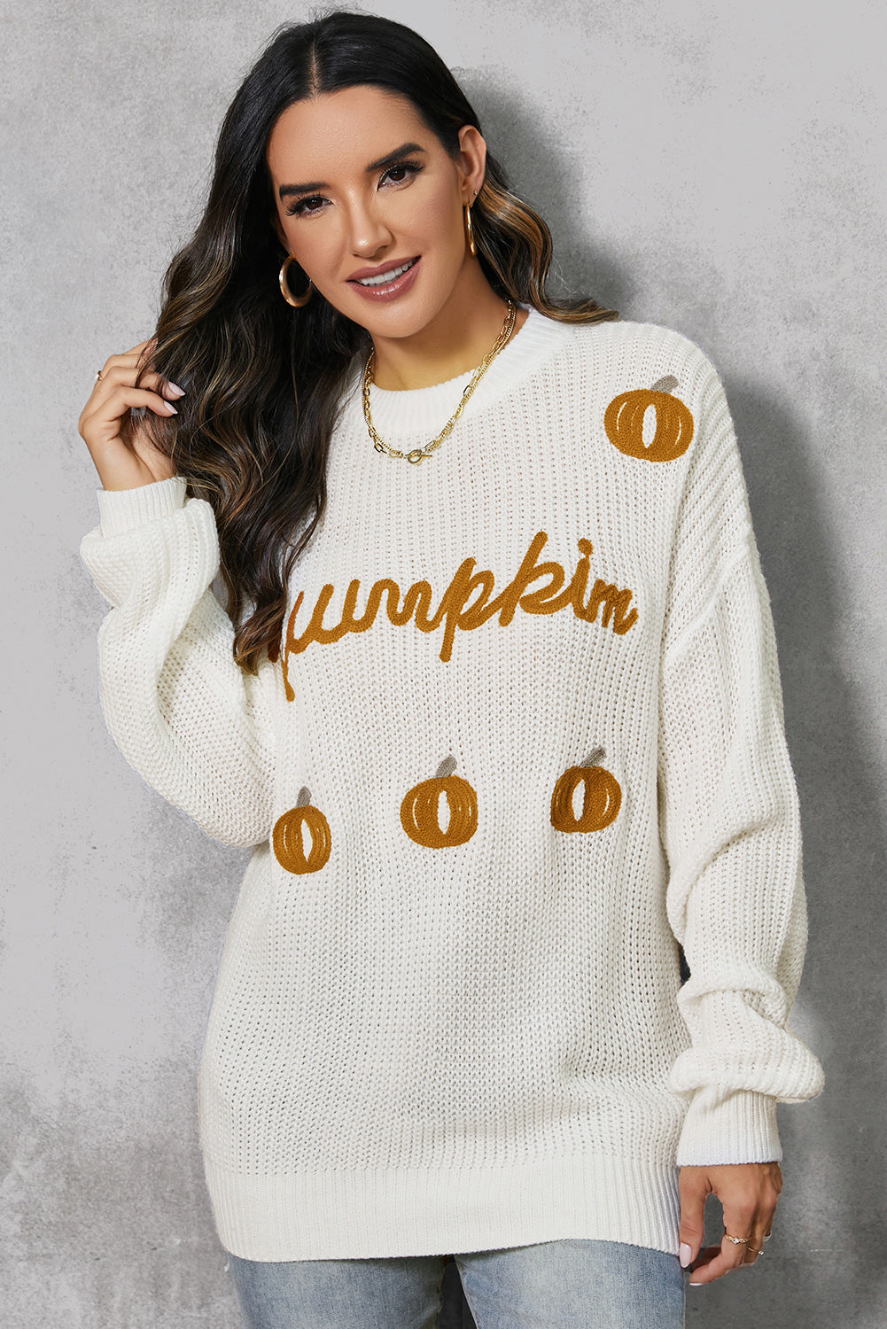 Pumpkin Embroidery Long Sleeve Sweater