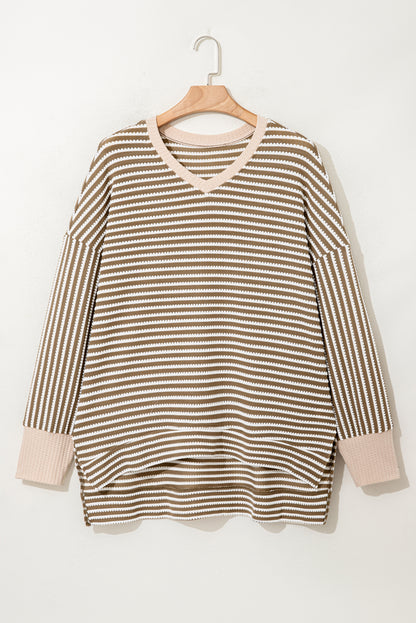 Khaki Stripe Textured Dolman Sleeve High Low Plus Size Top