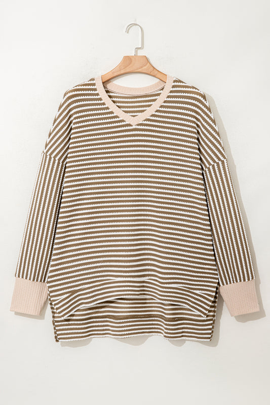Khaki Stripe Textured Dolman Sleeve High Low Plus Size Top
