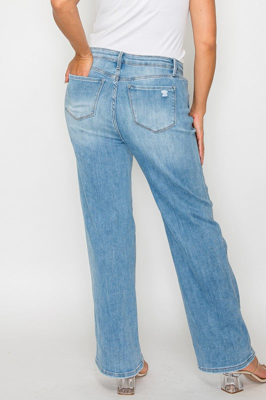 bytos Full Size Distressed High Rise Straight Jeans