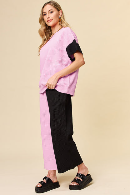 Double Take Full Size Texture Contrast T-Shirt and Wide Leg Pants Set