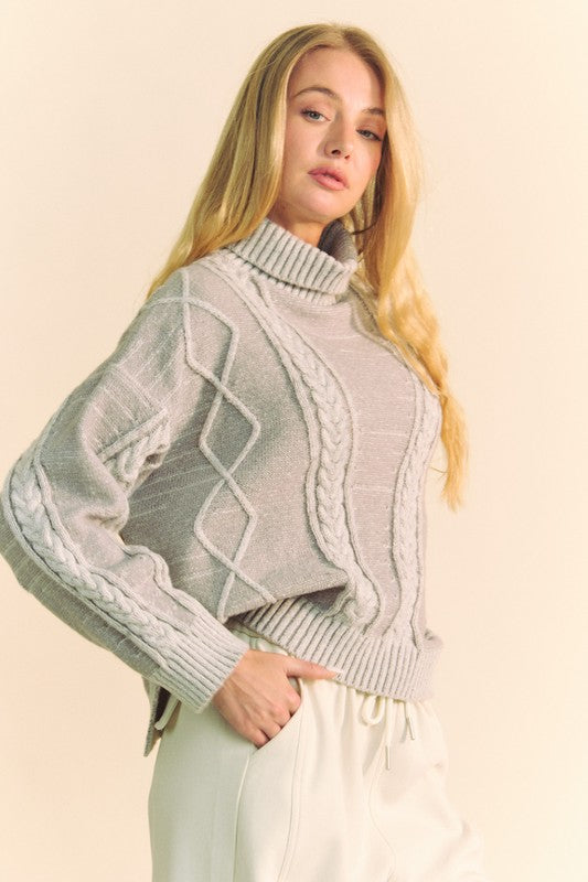 Davi & Dani Cable-Knit Turtleneck Dropped Shoulder Sweater