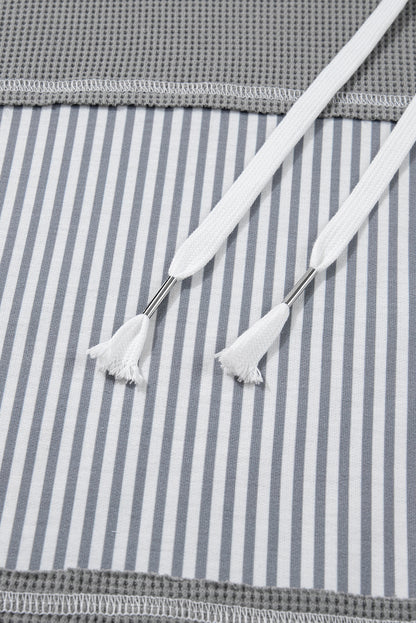 Gray Mixed Pattern Waffle Knit Patchwork Half Buttons Plus Hooded Top