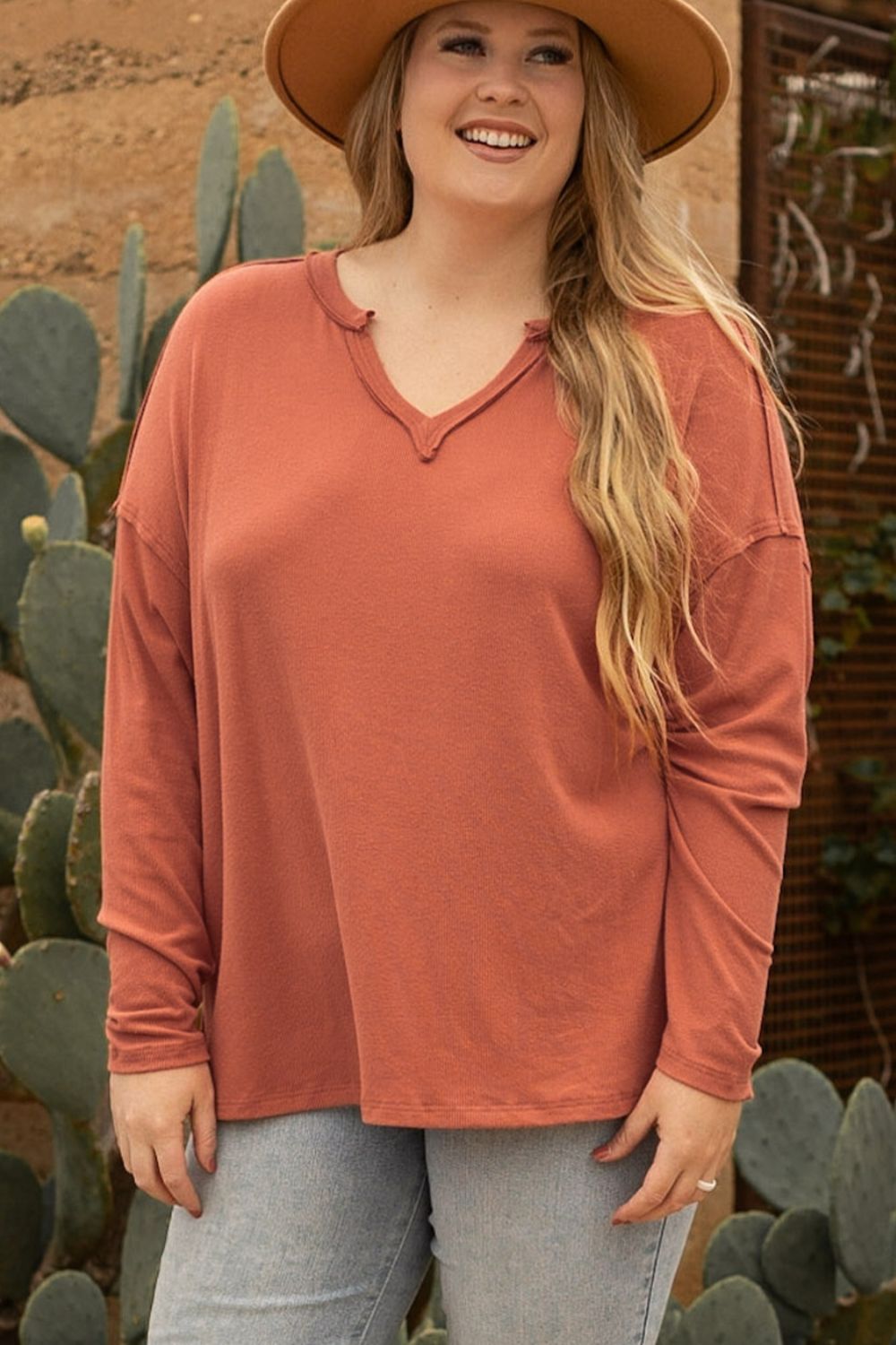 Plus Size Notched Long Sleeve T-Shirt