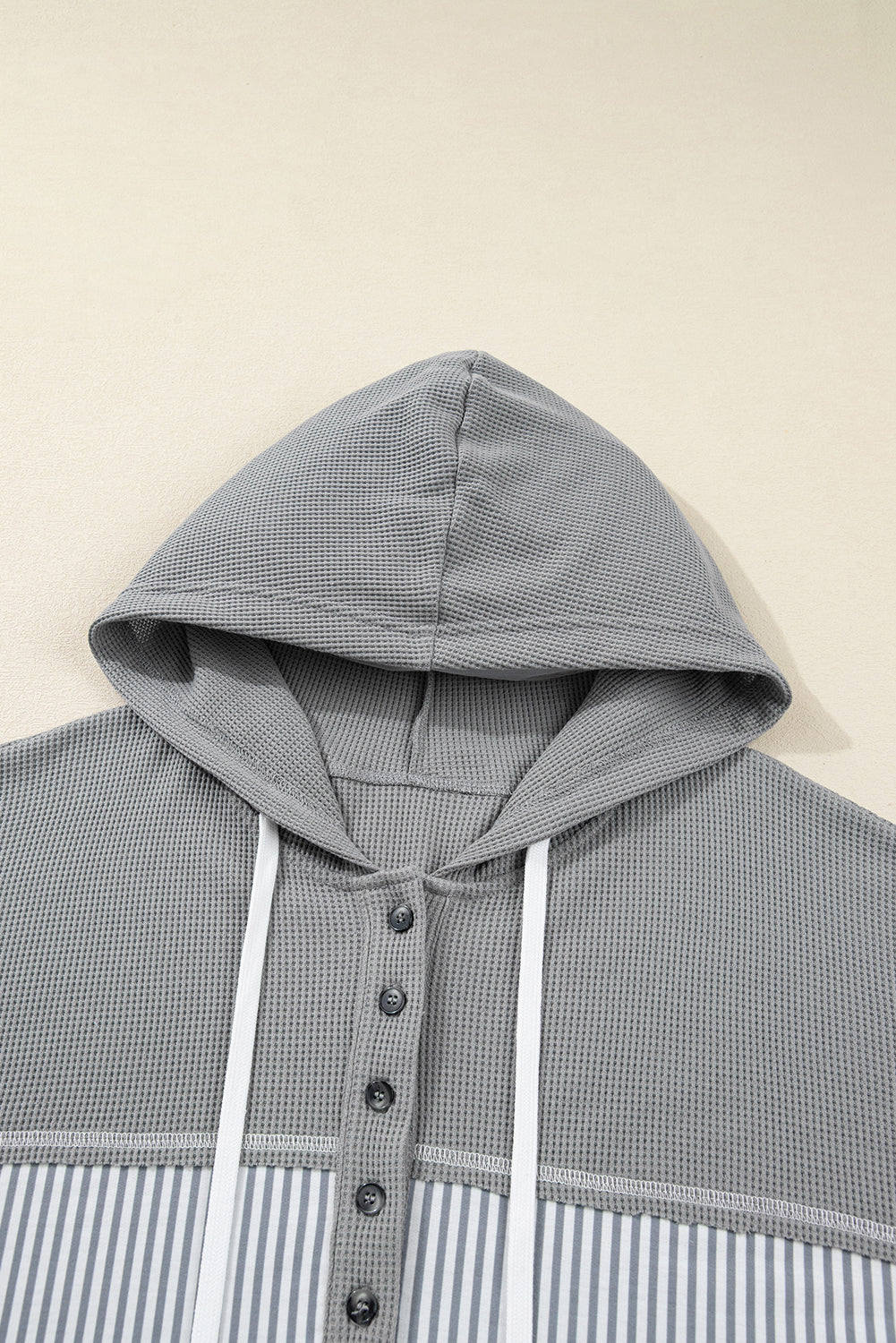 Gray Mixed Pattern Waffle Knit Patchwork Half Buttons Plus Hooded Top