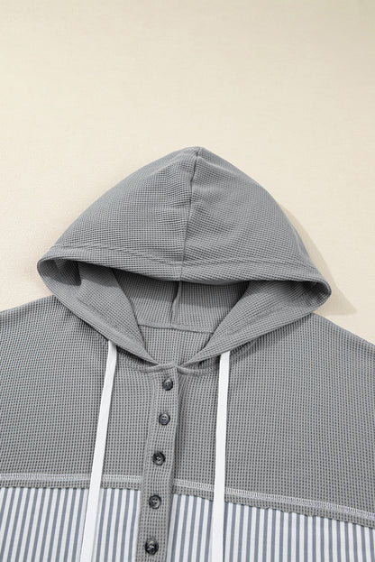 Gray Mixed Pattern Waffle Knit Patchwork Half Buttons Plus Hooded Top