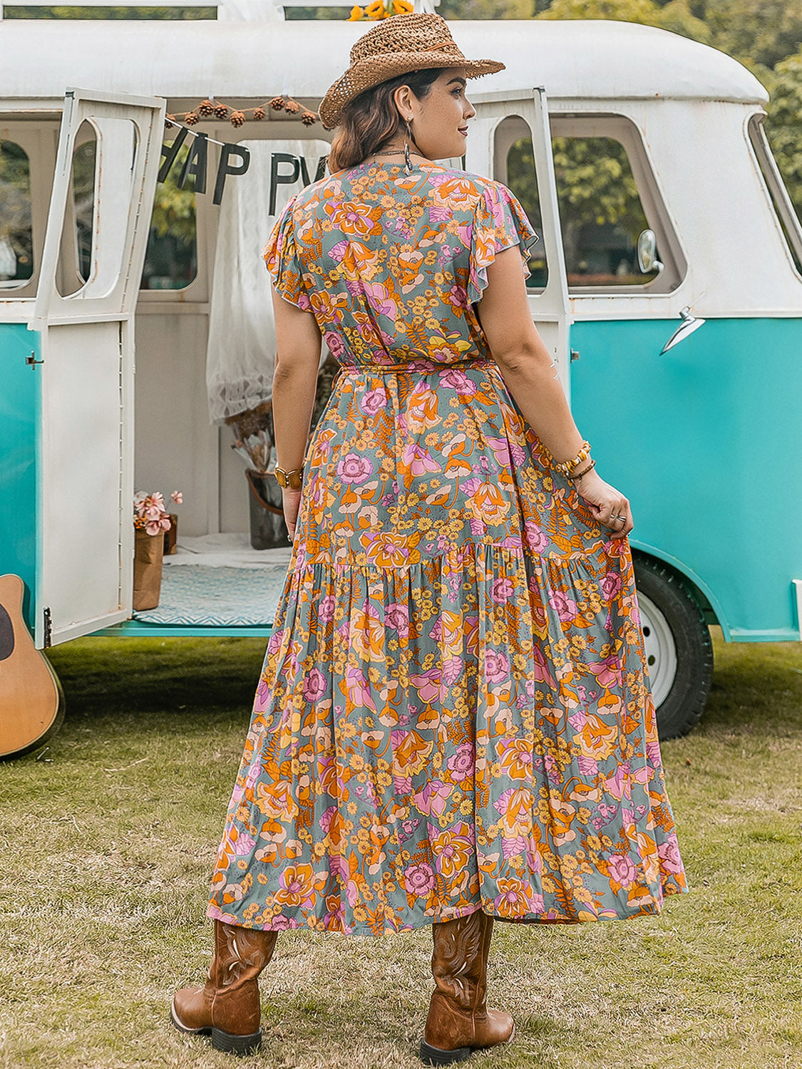 Plus Size Ruffled Printed Cap Sleeve Dress