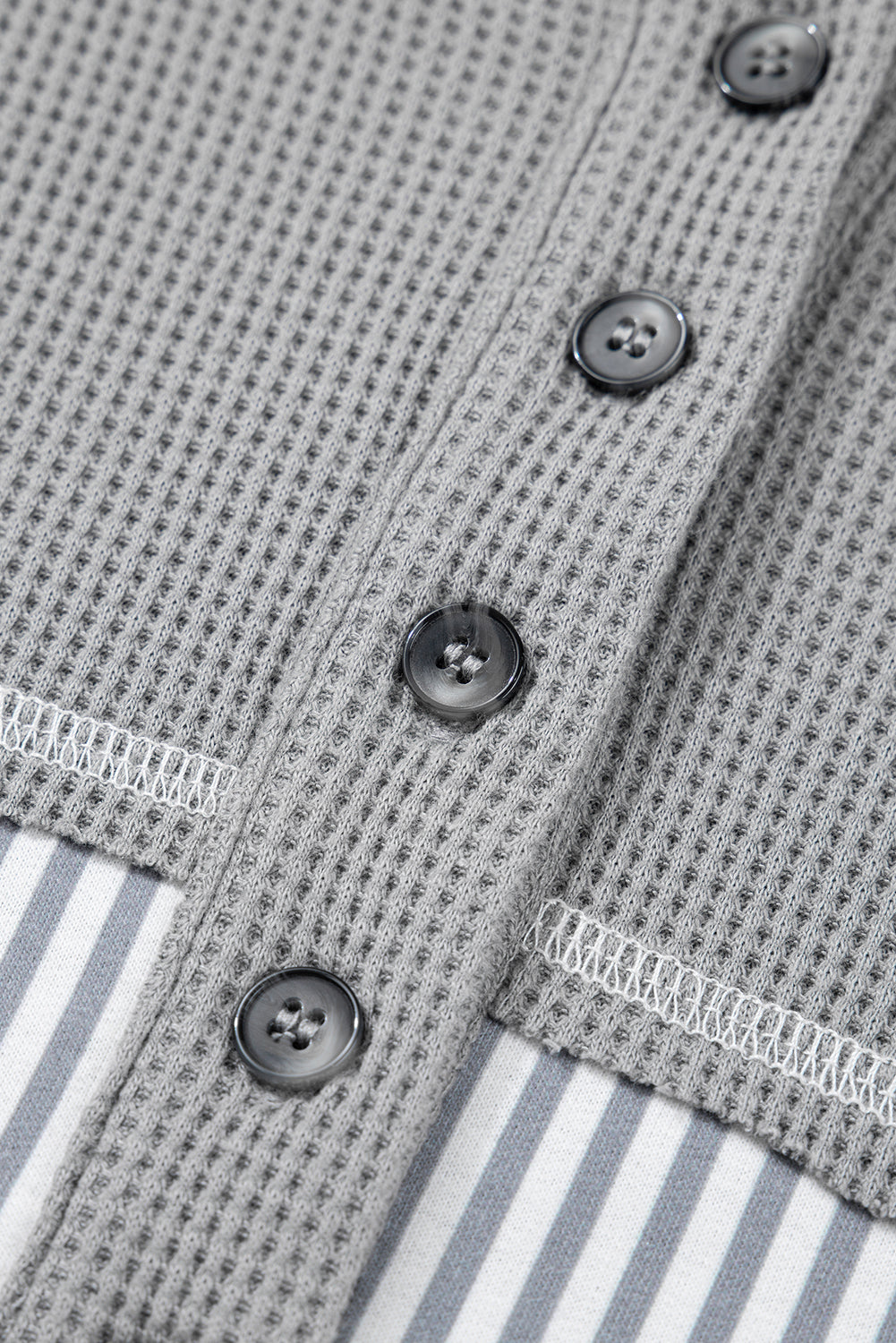 Gray Mixed Pattern Waffle Knit Patchwork Half Buttons Plus Hooded Top