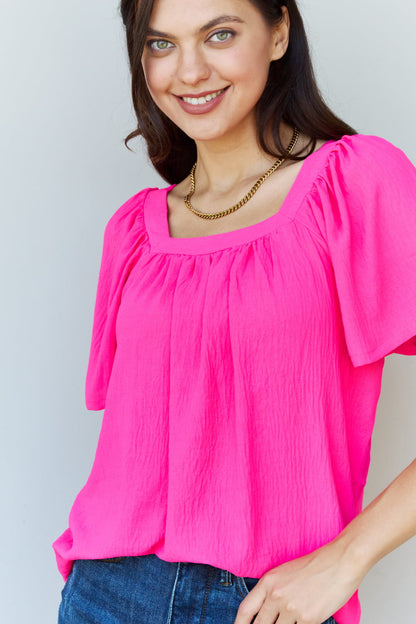 Ninexis Keep Me Close Square Neck Short Sleeve Blouse in Fuchsia - Make'm Blush Boutique 