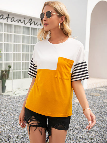 Striped Color Block Round Neck Tee - Make'm Blush Boutique 