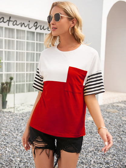 Striped Color Block Round Neck Tee - Make'm Blush Boutique 