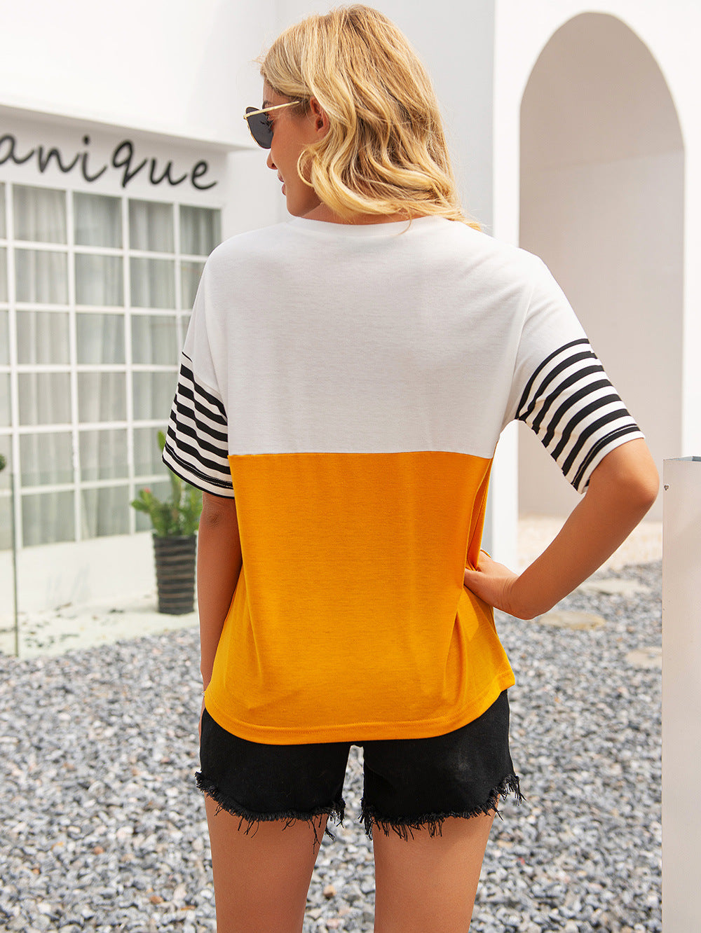 Striped Color Block Round Neck Tee - Make'm Blush Boutique 