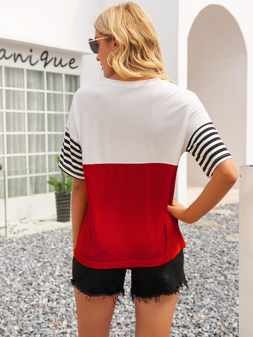 Striped Color Block Round Neck Tee - Make'm Blush Boutique 