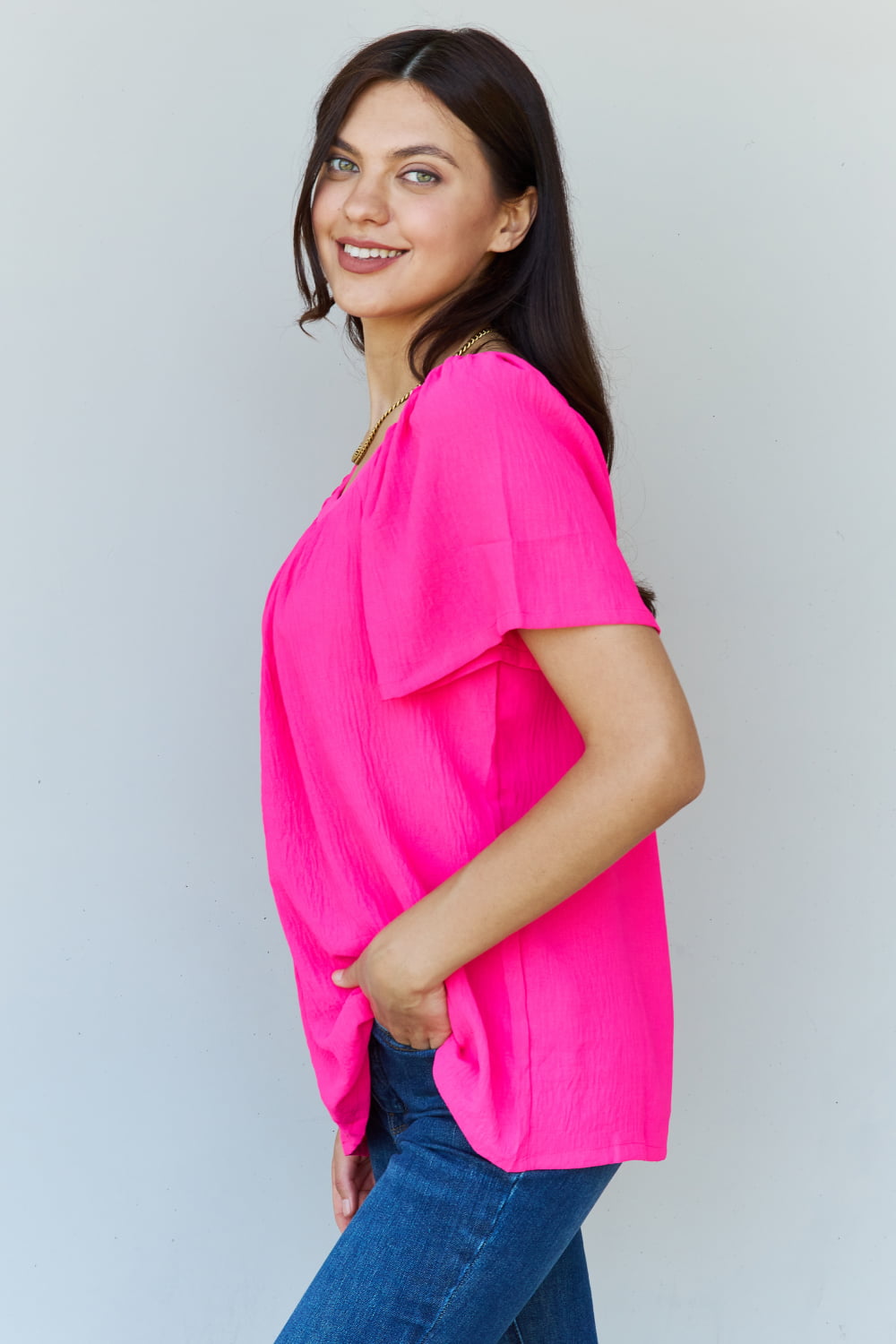 Ninexis Keep Me Close Square Neck Short Sleeve Blouse in Fuchsia - Make'm Blush Boutique 