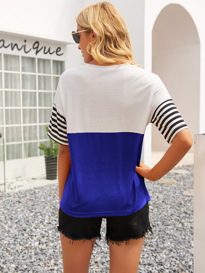 Striped Color Block Round Neck Tee - Make'm Blush Boutique 