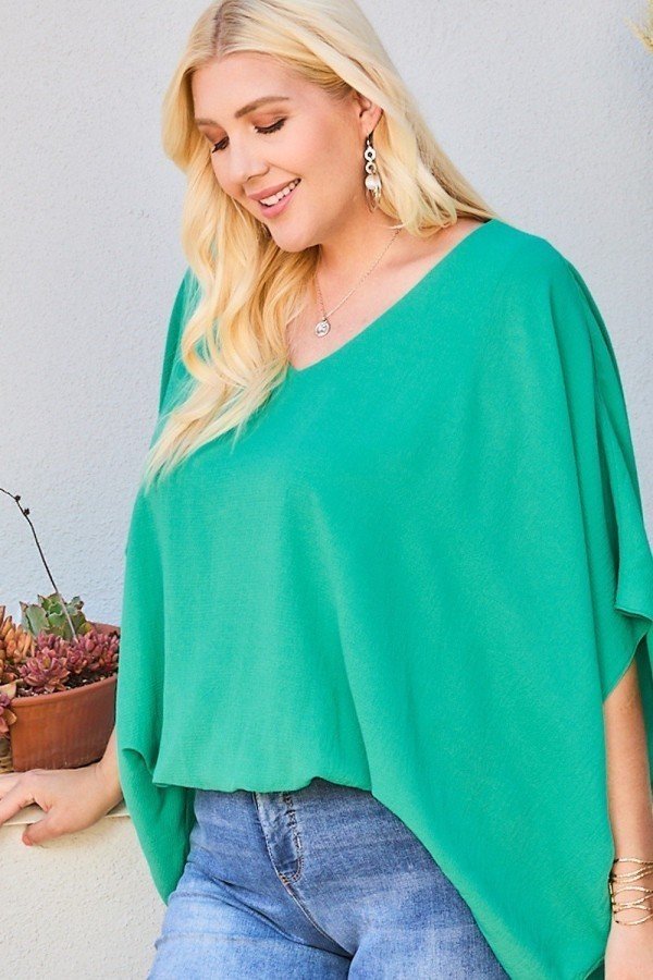 V Neck Dolman Sleeves Front Waist Elastic Solid Top - Make'm Blush Boutique 