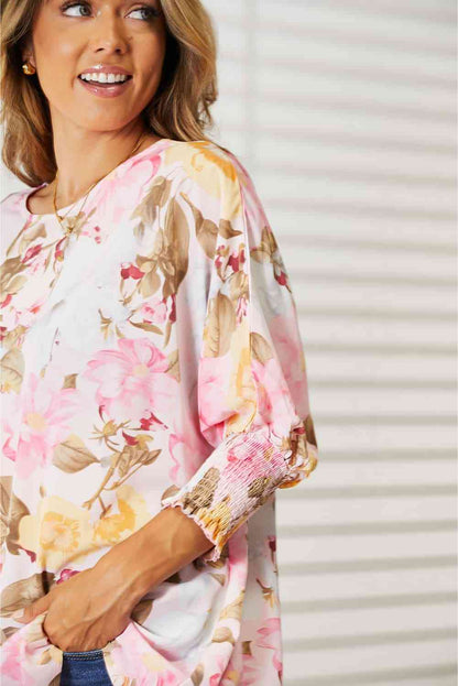 Double Take Floral Round Neck Three-Quarter Sleeve Top