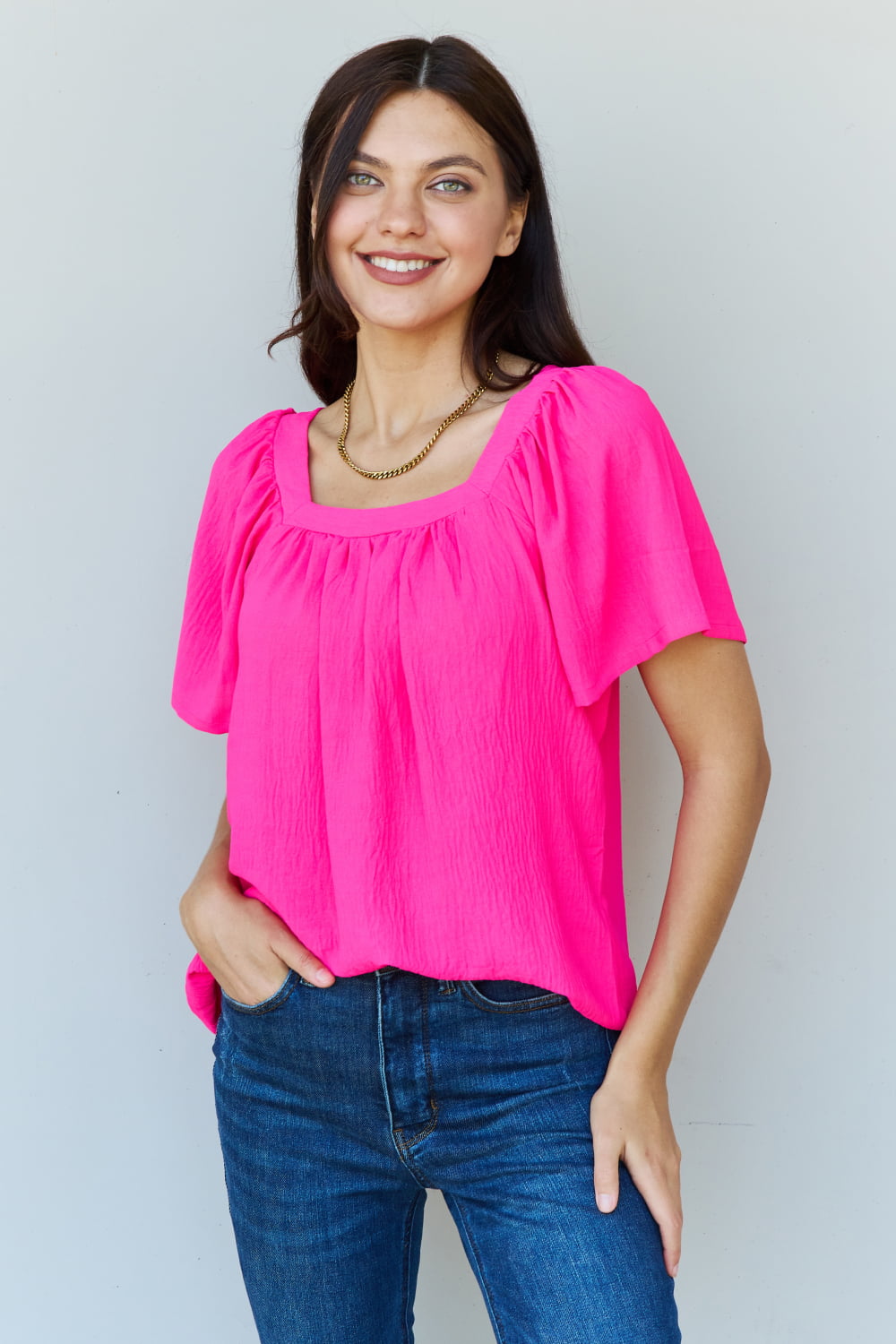 Ninexis Keep Me Close Square Neck Short Sleeve Blouse in Fuchsia - Make'm Blush Boutique 