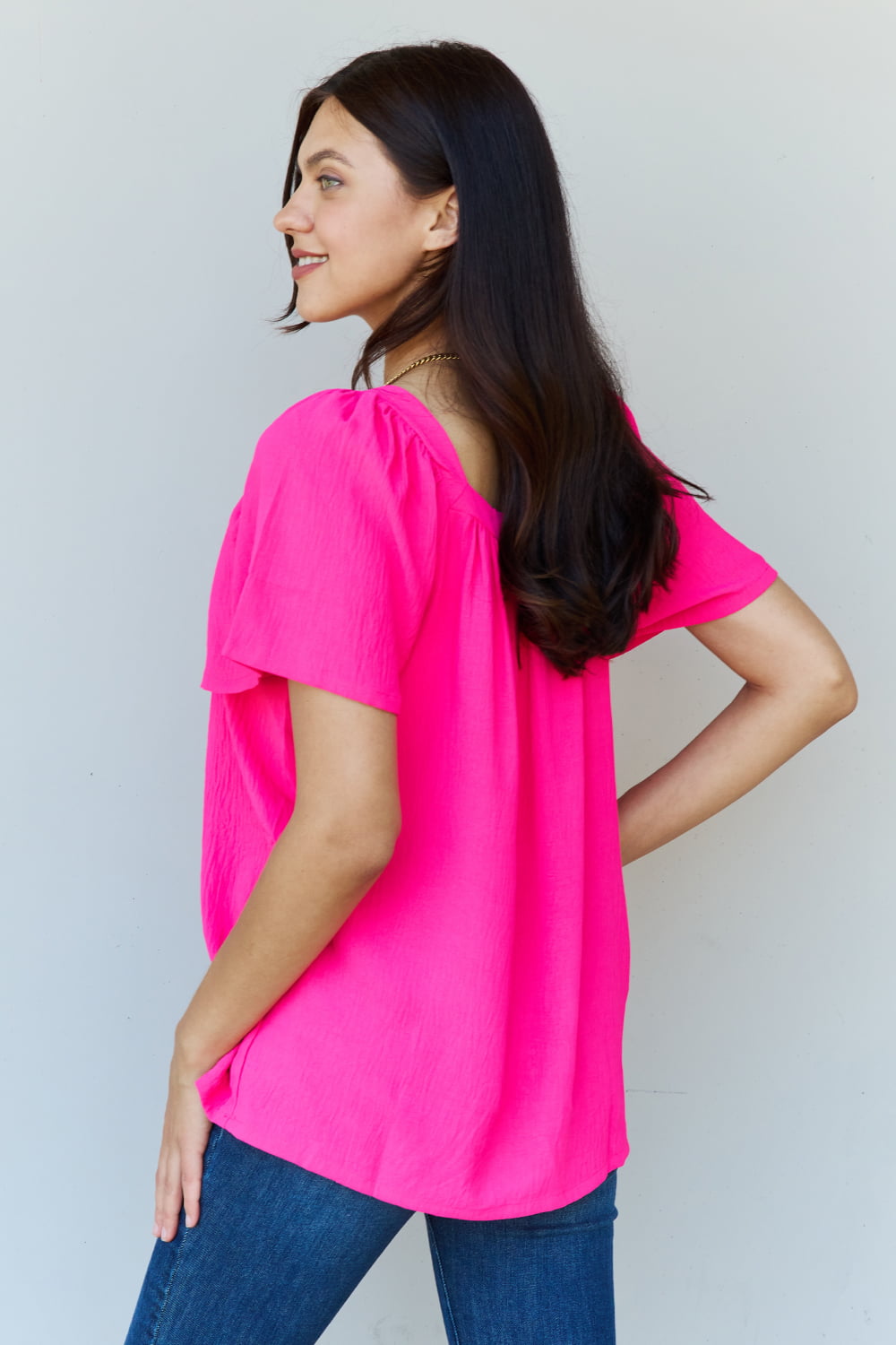 Ninexis Keep Me Close Square Neck Short Sleeve Blouse in Fuchsia - Make'm Blush Boutique 